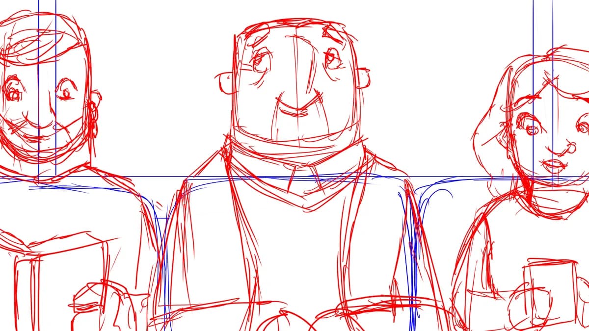 Age Cymru character rough: three figures drawn in red construction lines over blue guides.