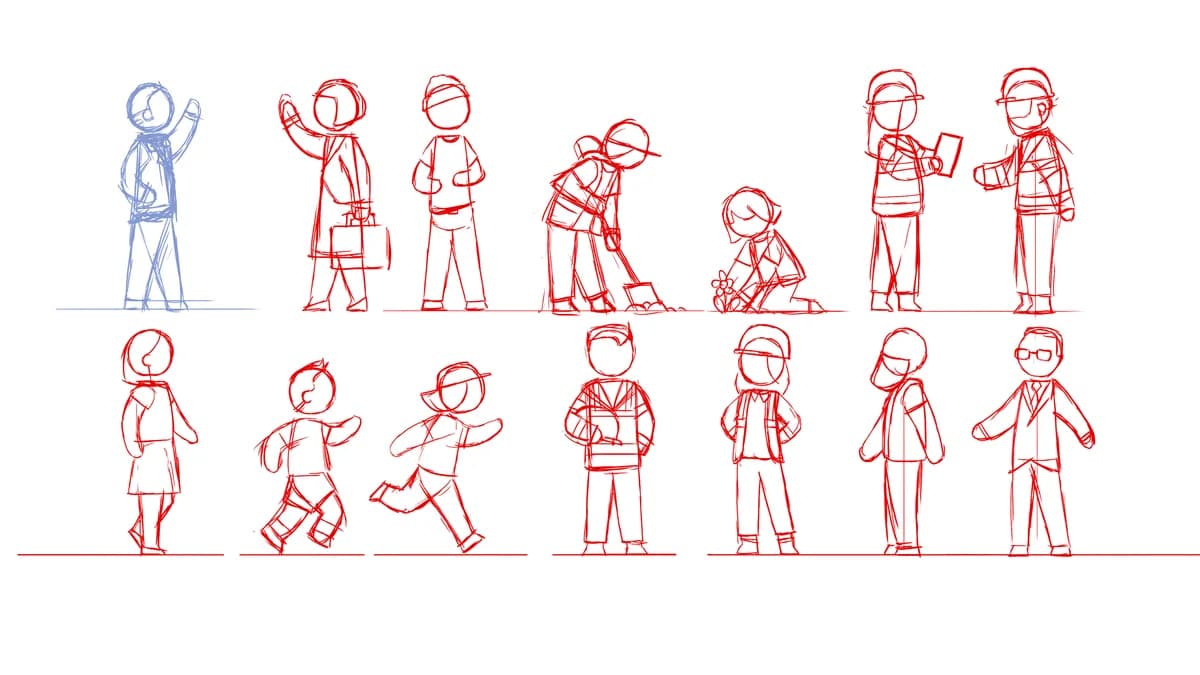 BAM Construct UK character poses: a sheet of figures sketched in red line.