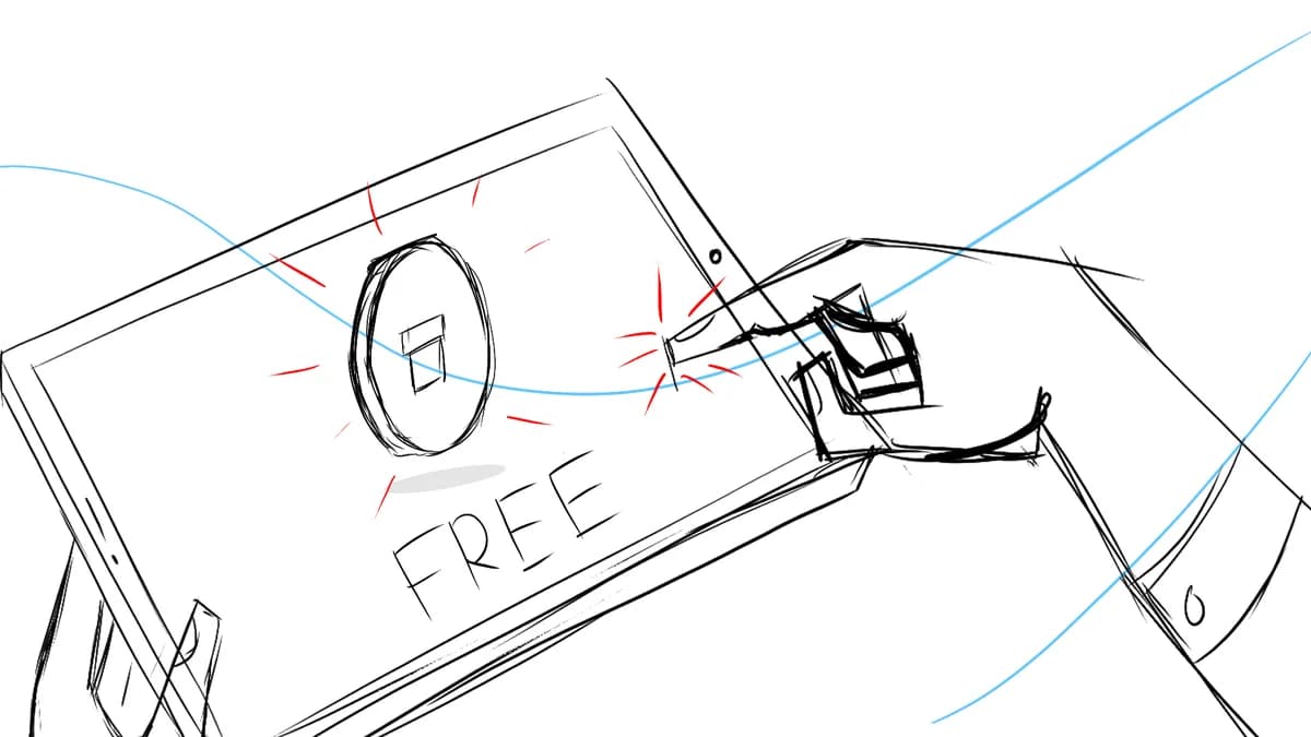 Veeqo storyboard rough: an inked hand tapping a FREE button on a tablet.