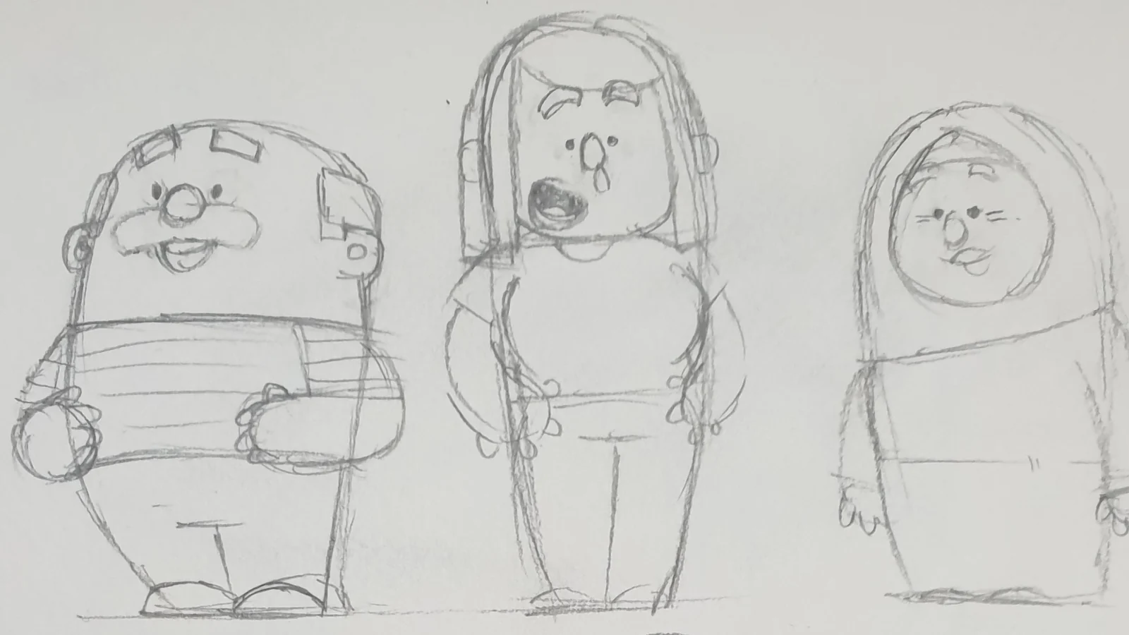 Aneurin Bevan character sketches: three pencil character roughs on paper, an older man, a crying woman and a child in a hood.