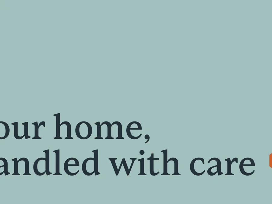 The Christie Residential brand line, 'Your home, handled with care', set in the brand serif on a soft sage ground with the house mark at the edge.