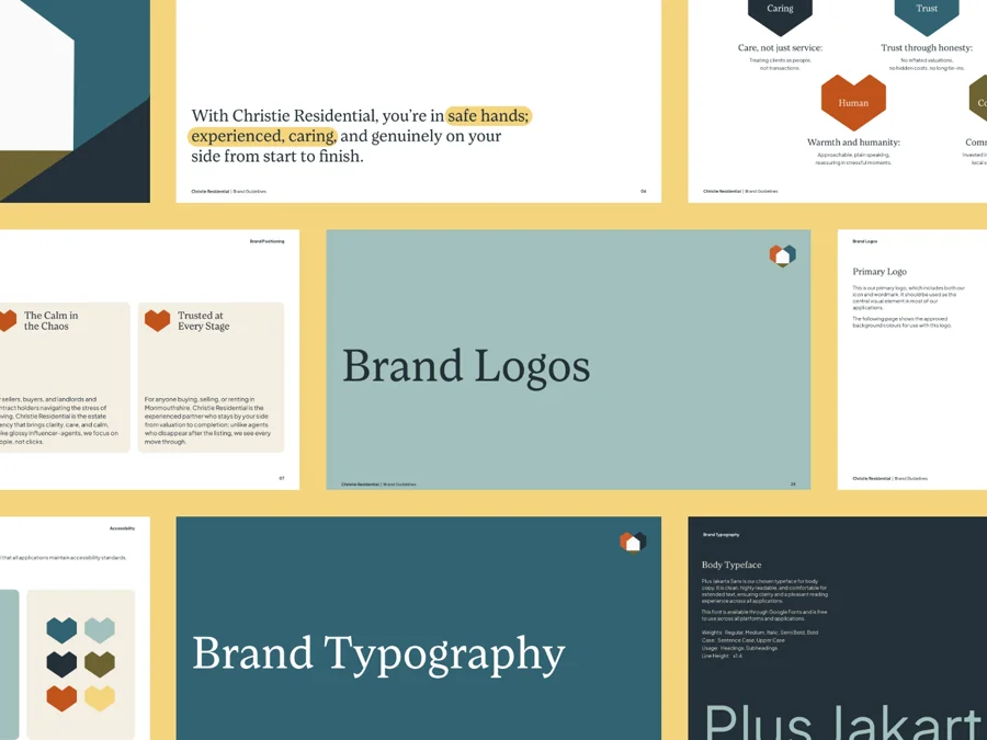Spreads from the Christie Residential brand guidelines laid out in a grid, covering primary logos, brand typography and the colour palette.
