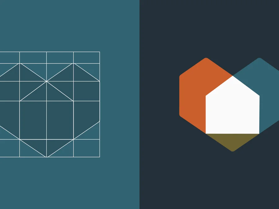 The Christie Residential mark drawn out on its construction grid, next to the finished hexagon house in orange, teal and olive on a dark ground.