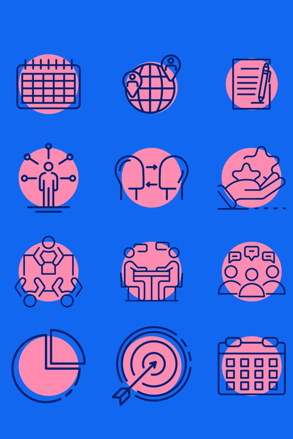 Part of the Sales Made Easy icon set, twelve pink line icons on cobalt blue, each drawn to the same weight and grid.