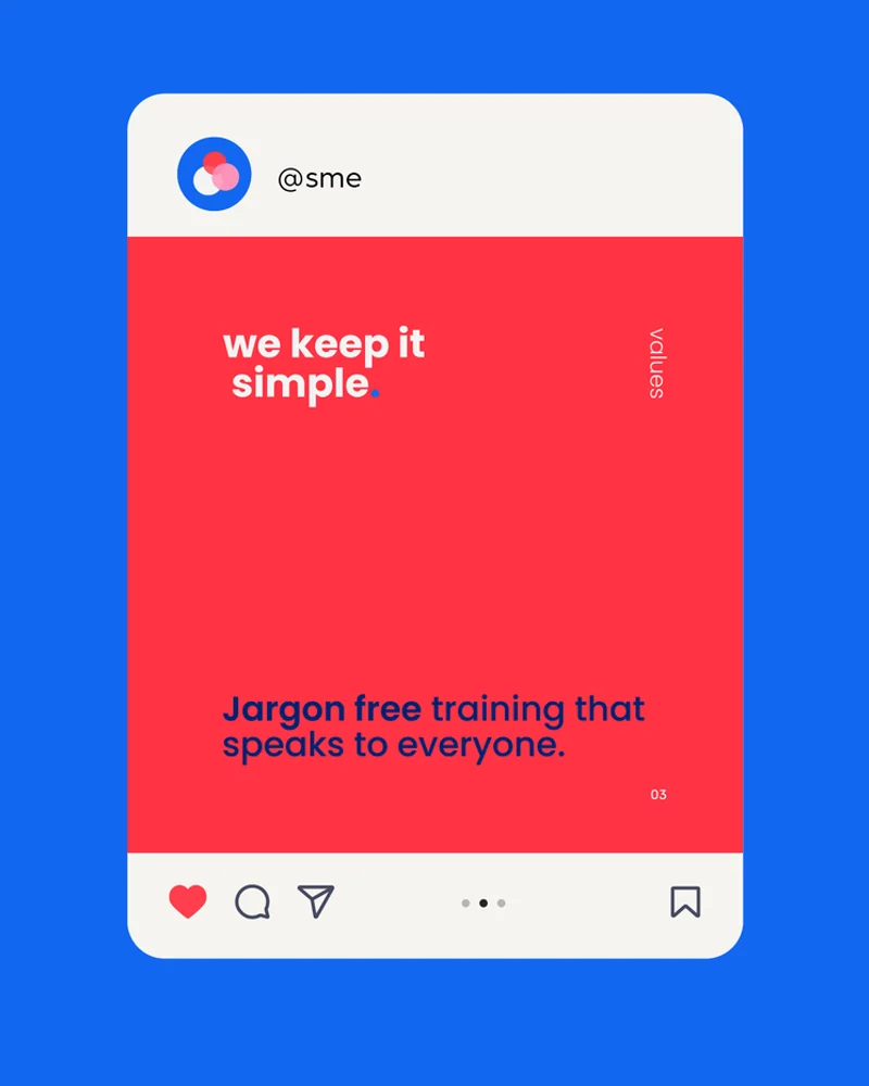 A Sales Made Easy Instagram post on a phone, red on cobalt blue, reading 'we keep it simple' above 'Jargon free training that speaks to everyone.'