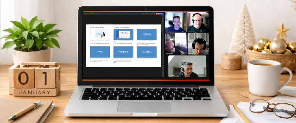 Team reviewing the storyboard for the Practice Toolkit explainer animation on Zoom.